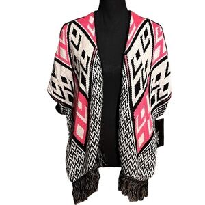 NWT Say What? Aztec Southwest Print Pink Black and White Open Front Sweater OS